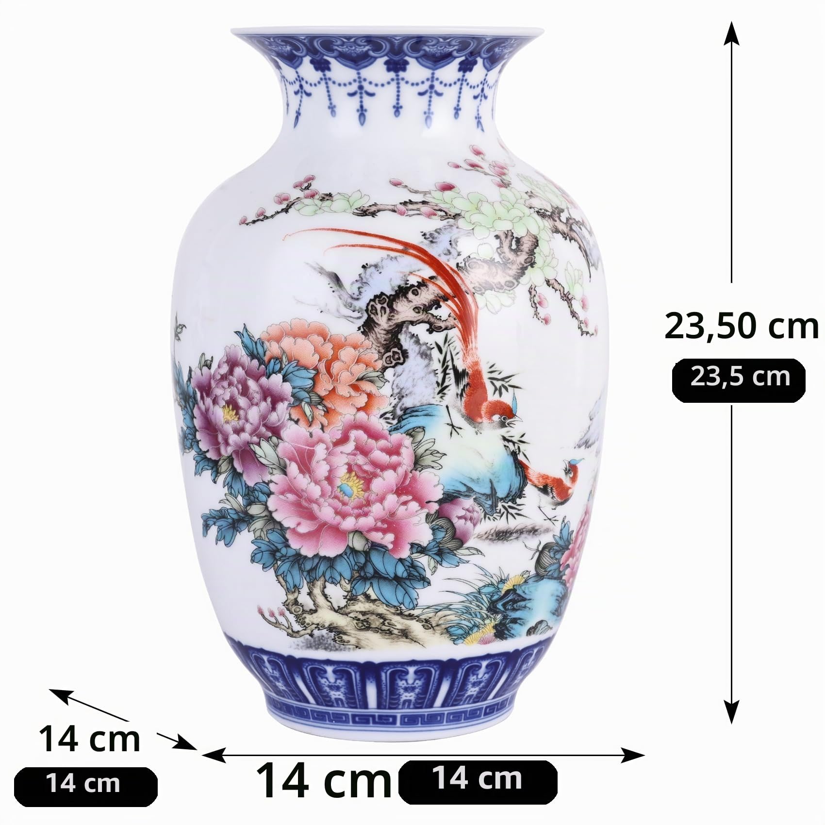 Handgefertigte blaue und weiße Porzellanvasen mit dünnem Körper, traditionelle, chinesische Chinoiserie, dünnwandig, Wintermelone, breite Öffnung, perfekt für Heimdekoration, Schreibtisch und