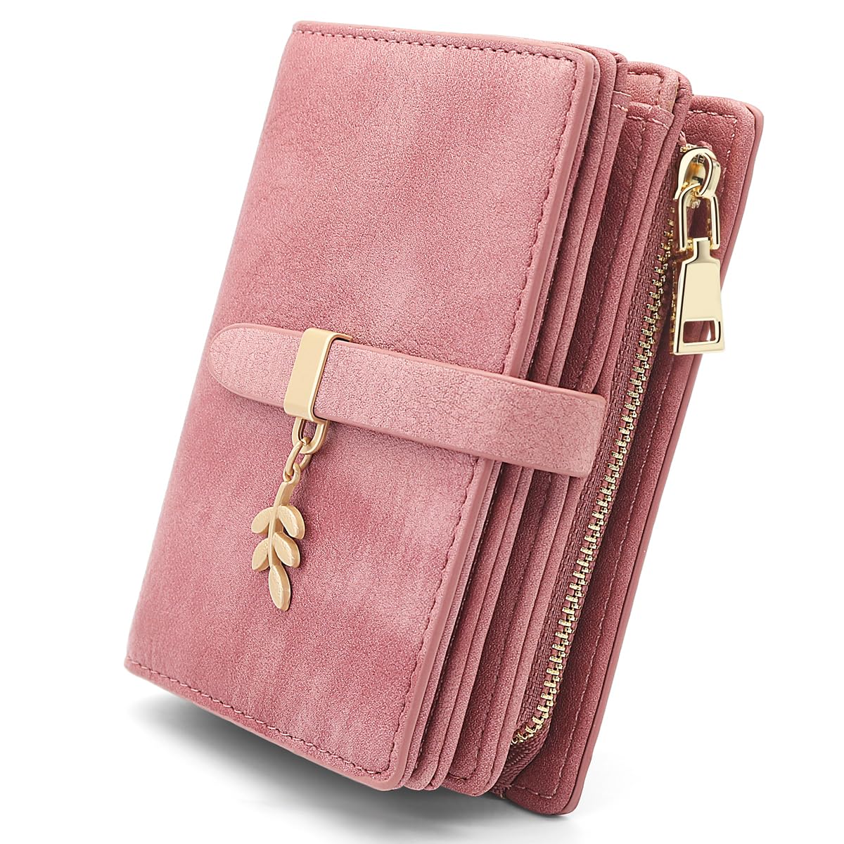 Portafoglio Donna Piccolo Portafogli Pelle PU RFID Blocco Elegante Corto Portamonete per donna con 17 Porta Carta di Credito Cerniera (Rosa)