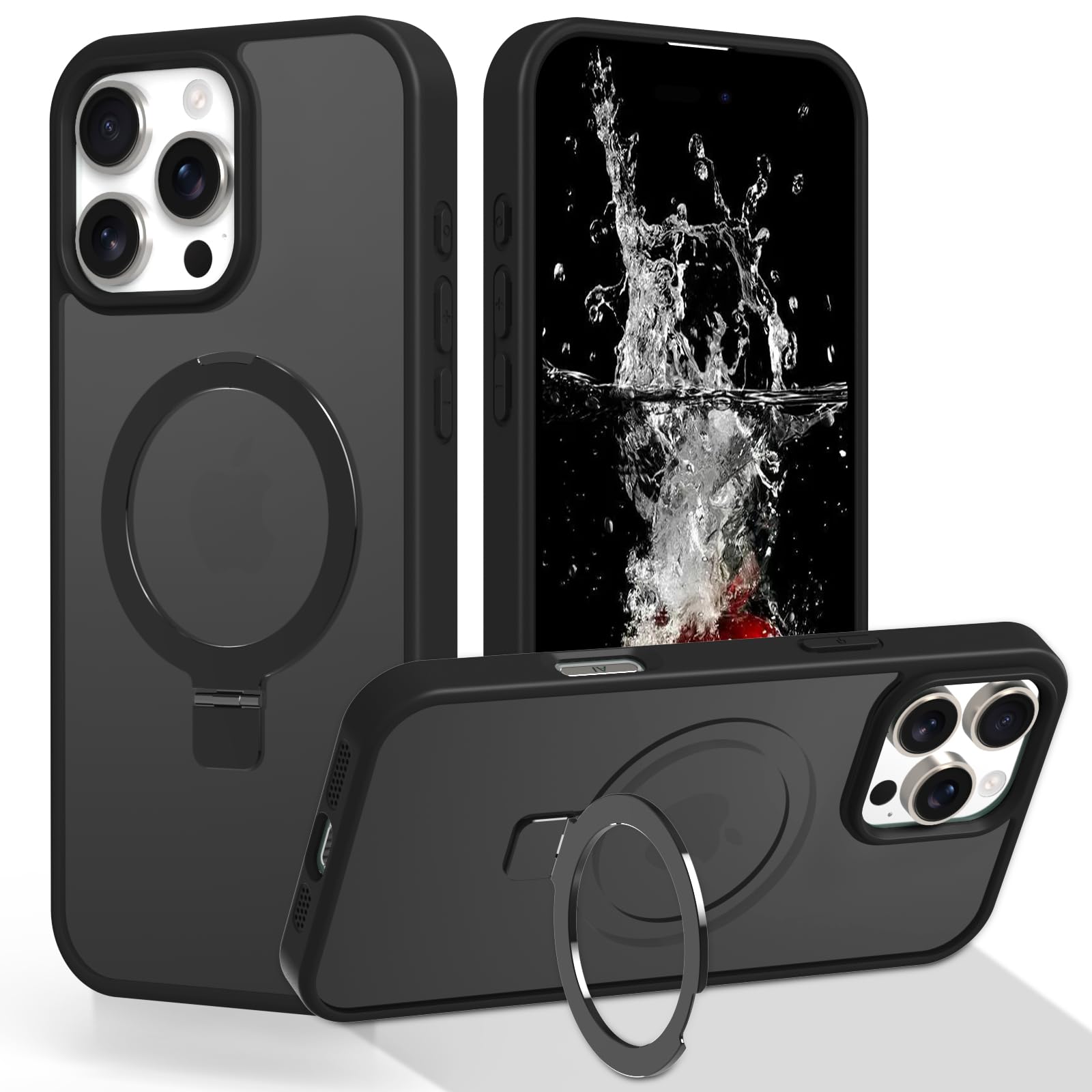 SouLips iPhone 16 Pro Max Case, Slim Thin Magnetic Compatible with Magsafe Foldable Ring Kickstand Translucent Matte Design Shockproof Drop Protective