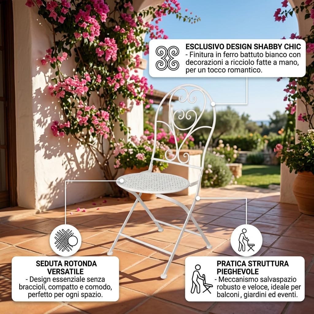 DiKasa Sedia Pieghevole in metallo bianco stile shabby chic - Sedia in ferro battuto con seduta rotonda senza braccioli, salvaspazio per giardino, balcone, cucina, terrazza ed eventi, 40x54x94 cm