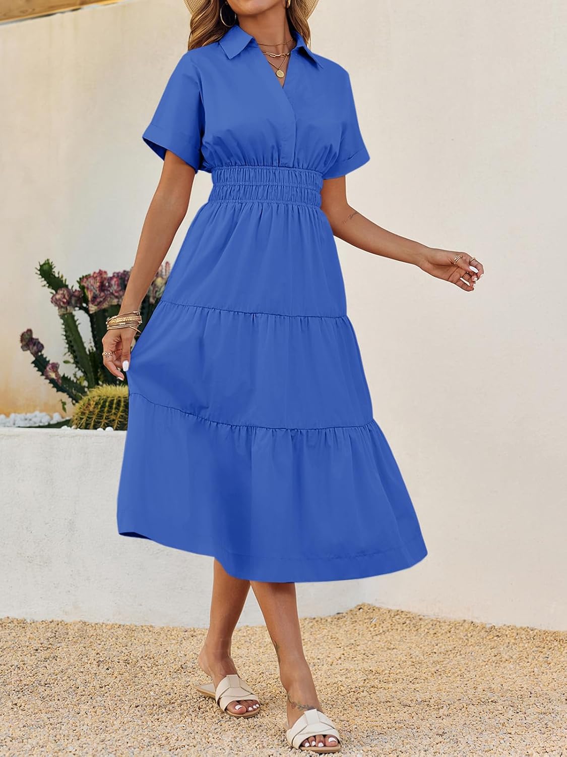 Wenrine Womens Summer Short Sleeve Maxi Dresses Casual V Neck Smocked Loose Tiered Flowy Shirt Dress with Pockets - Image 3