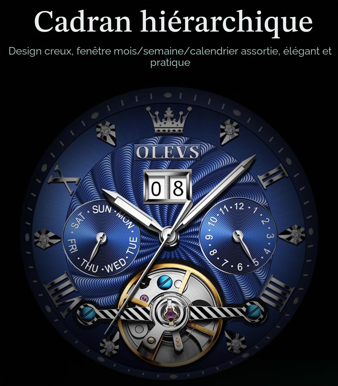 OLEVS Montre Automatique pour Homme - Mécanique Squelette à remontage Automatique - Montre de Luxe - Phase de Lune - Lumineuse - Jour - Date - Étanche