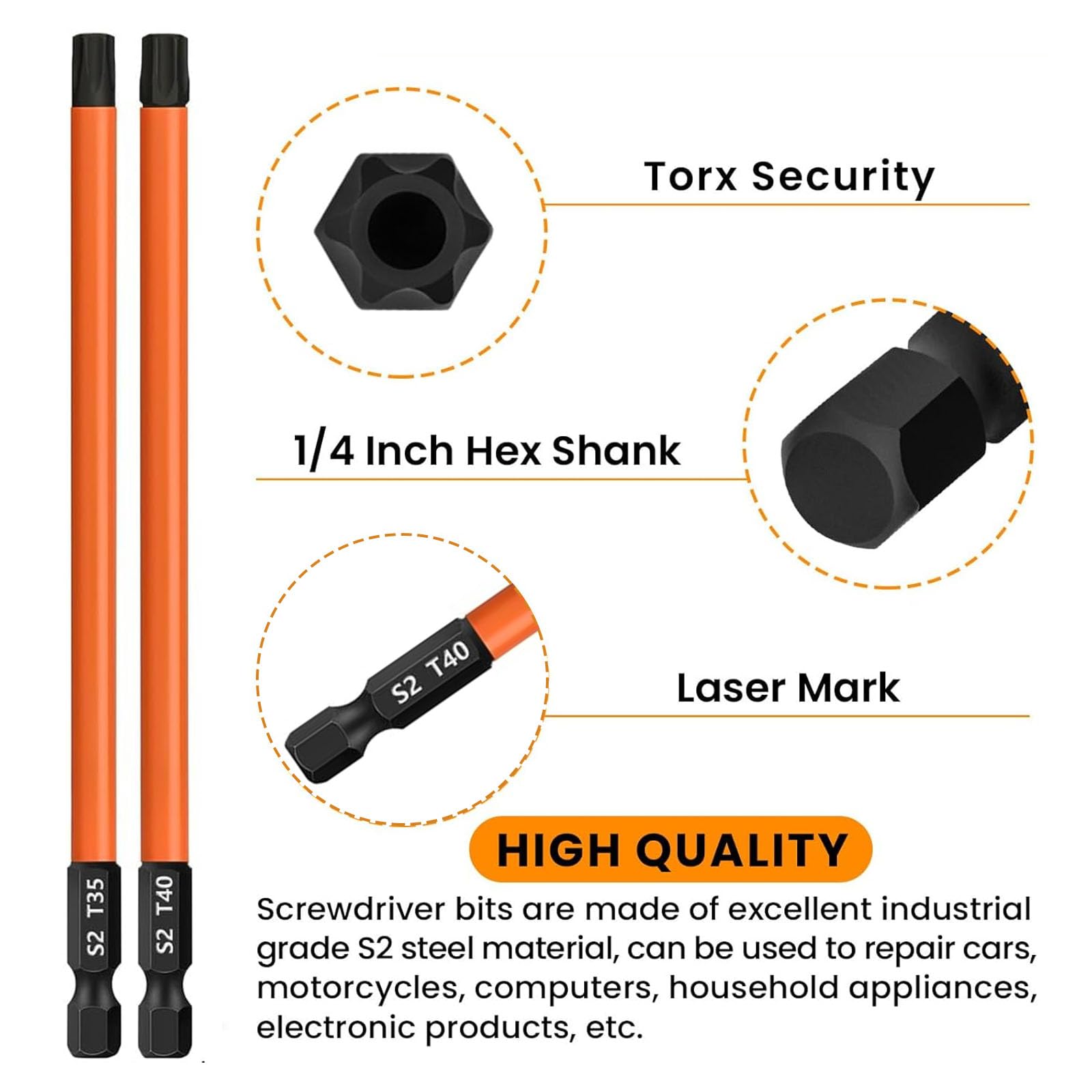 Oiieco 13 Pcs Long Torx Bit Set for Impact Driver Hex-Shank Torx Screwdriver Bit Magnetic Impact, S2 Steel Star Bit Set (T5-T40) 150 mm - Image 2
