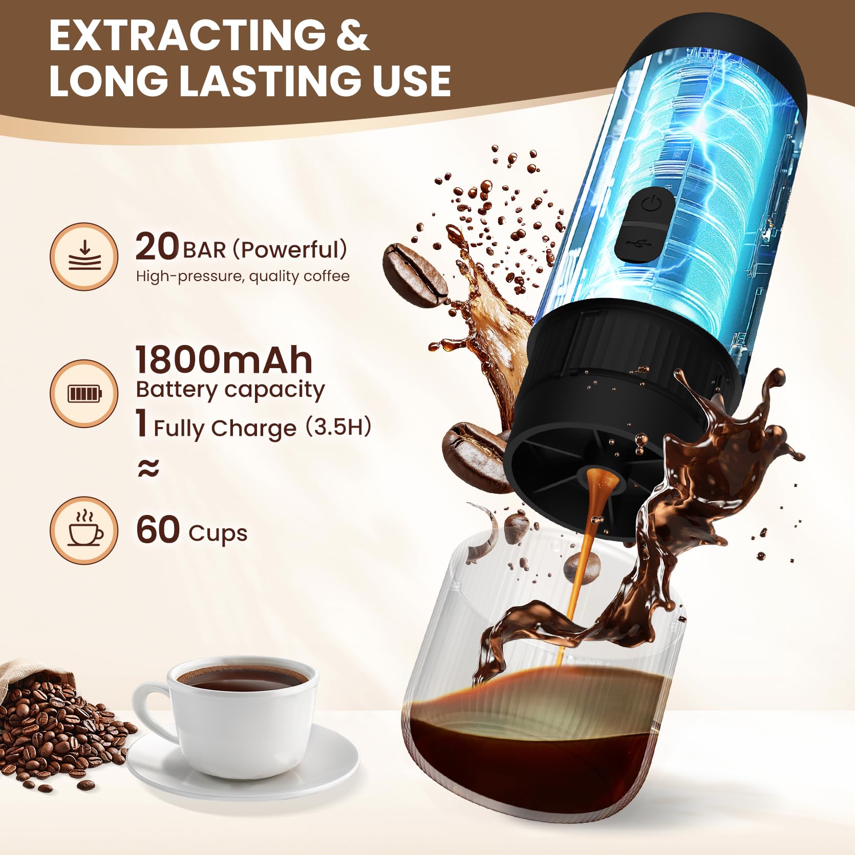 LAMA Juego de molinillo de café, espumador de leche, juego de cafetera portátil, máquina de café espresso eléctrica, máquina de cápsulas, compatible con pequeñas cápsulas de café y polvo de café para