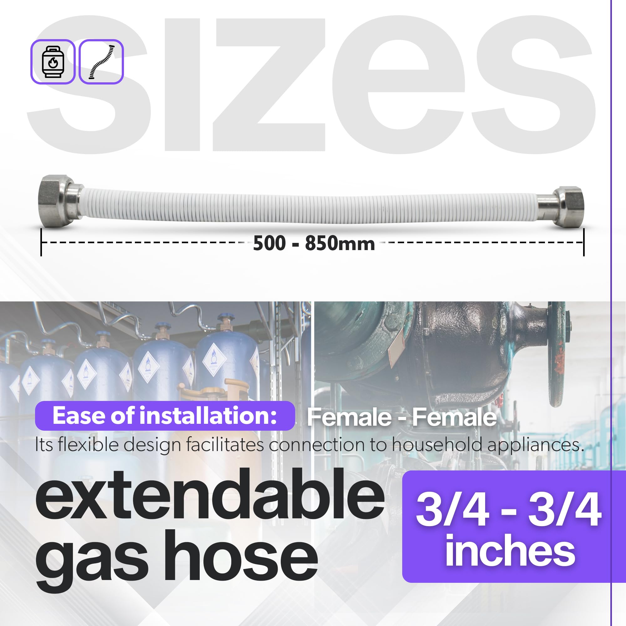 DOJA Barcelona | Latiguillos Extensible Gas | H-H | 3/4-3/4 | 500-850mm | Pack 1 | Latiguillo Gas Natural, Latiguillo de Gas Butano/Propano para Estufa, calentador de Agua