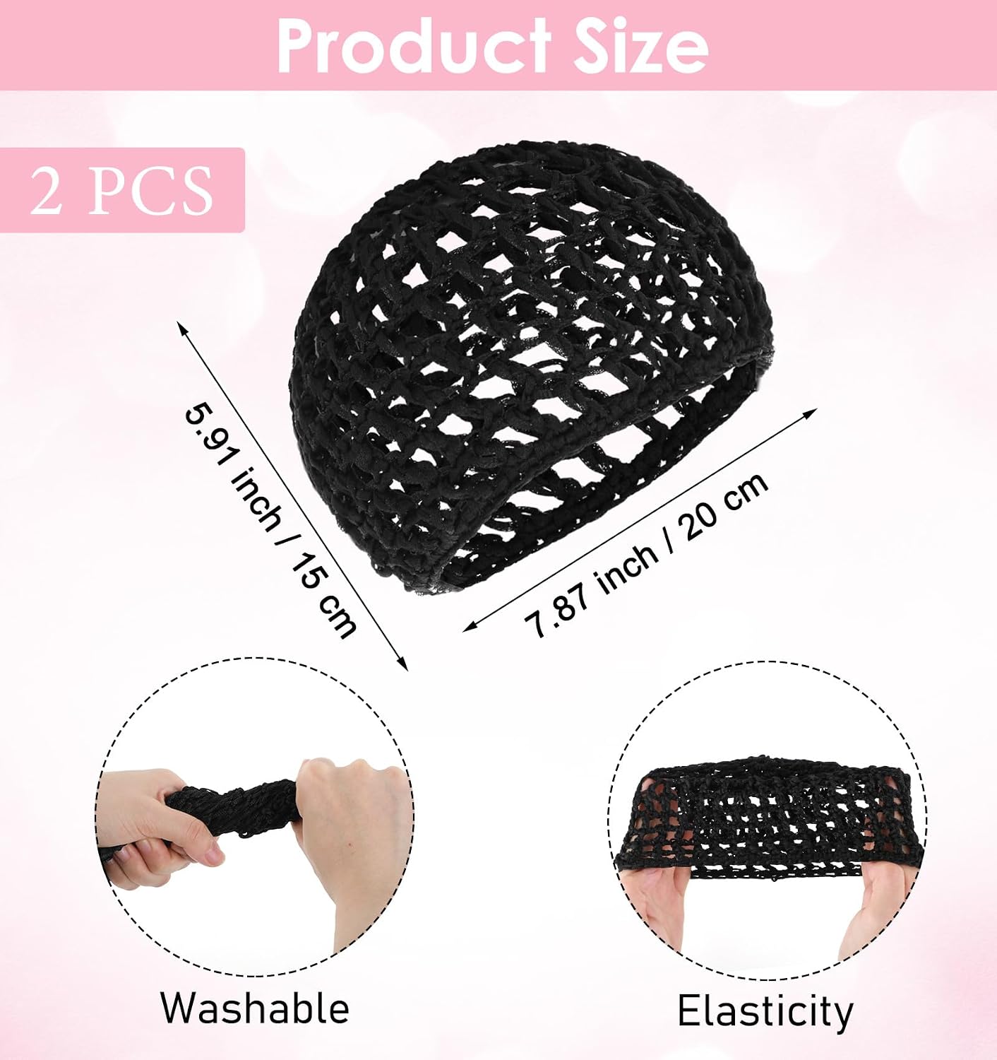 2Pcs Hair Net for Silk Press, Comfortable Mesh Hair Wrap Cap for Sleep, Mesh Crochet Nets Reusable Elastic Cap for Sleeping Shower Makeup, Holds in Place All Night, Black