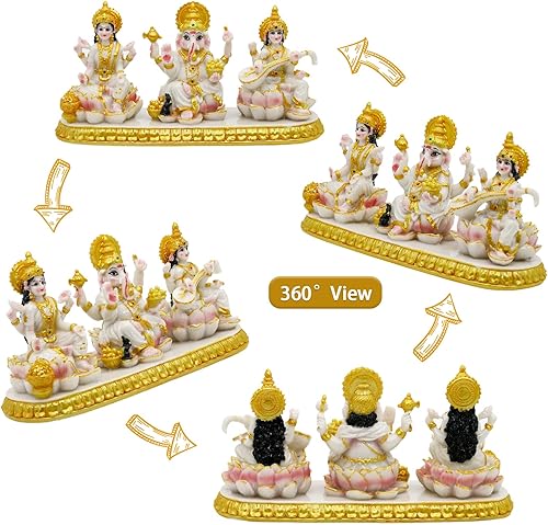 Miniatura 5 de alikiki Estatua india de Laxmi Ganesh Saraswati 3.9 pulgadas de alto pequeño aspecto de mármol Lakshmi Ganesha ídolo escultura para tablero de