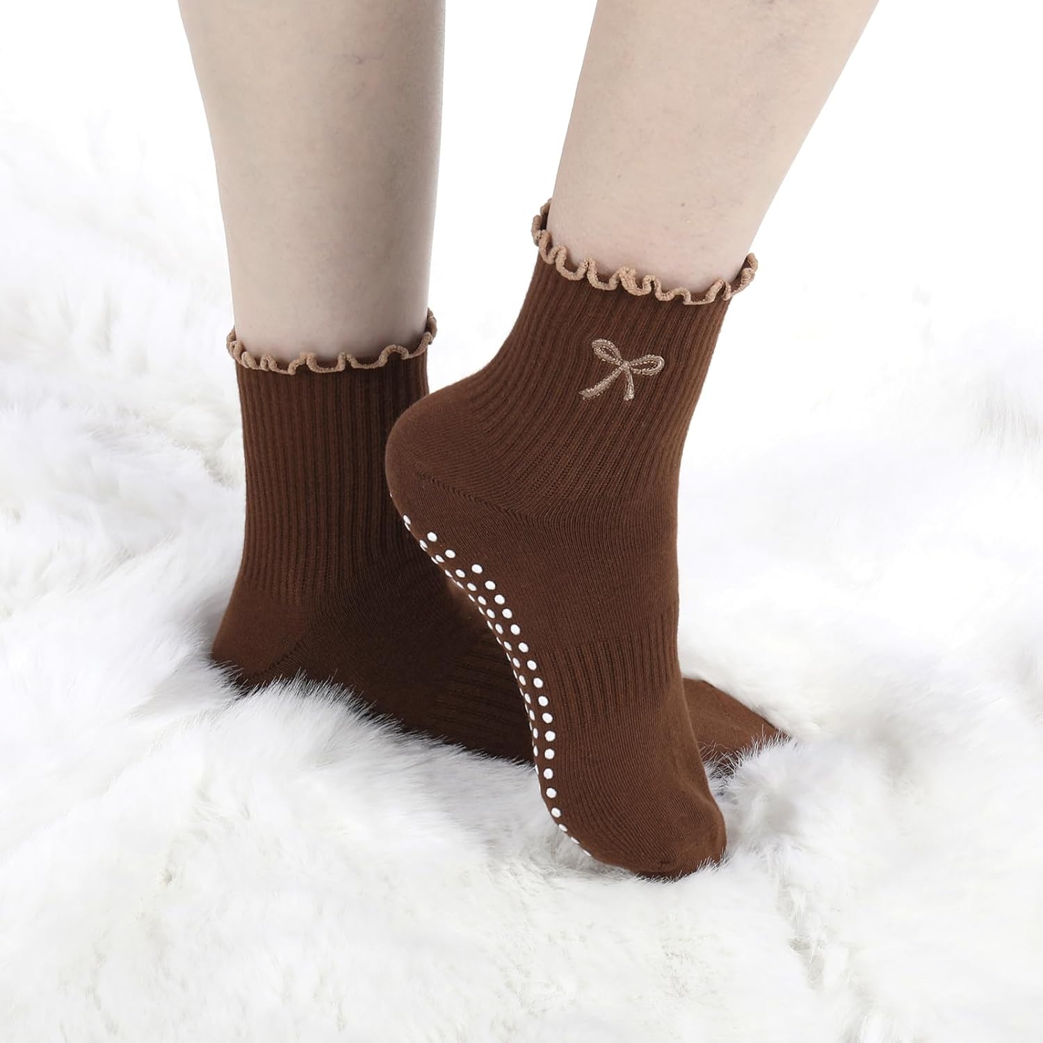Jeyiour 4 Pairs Cute Pilates Grip Socks for Women, Ruffle Non Slip Crew Grippy Yoga Socks with Bow for Gym Ballet Barefoot - Image 5