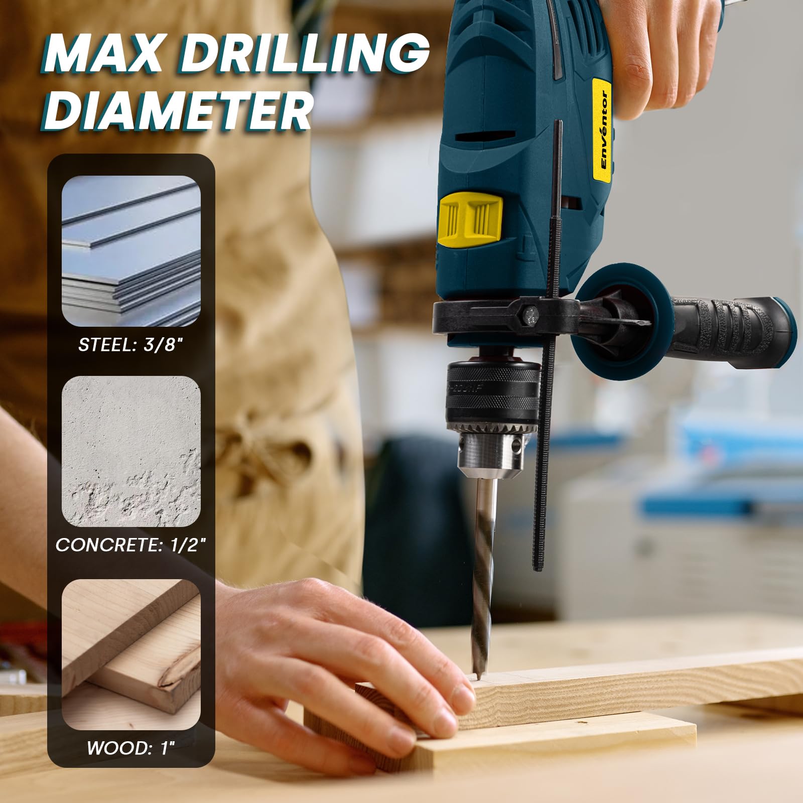 Enventor 7.5 Amp Hammer Drill, 1/2 Inch Electric Drill Hammer, 900W 0-3000RPM Variable Speed, 360° Auxiliary Handle, Lightweight Corded Hammer & Drill 2 in 1 with 9pcs Bit for Metal, Wood, Blue