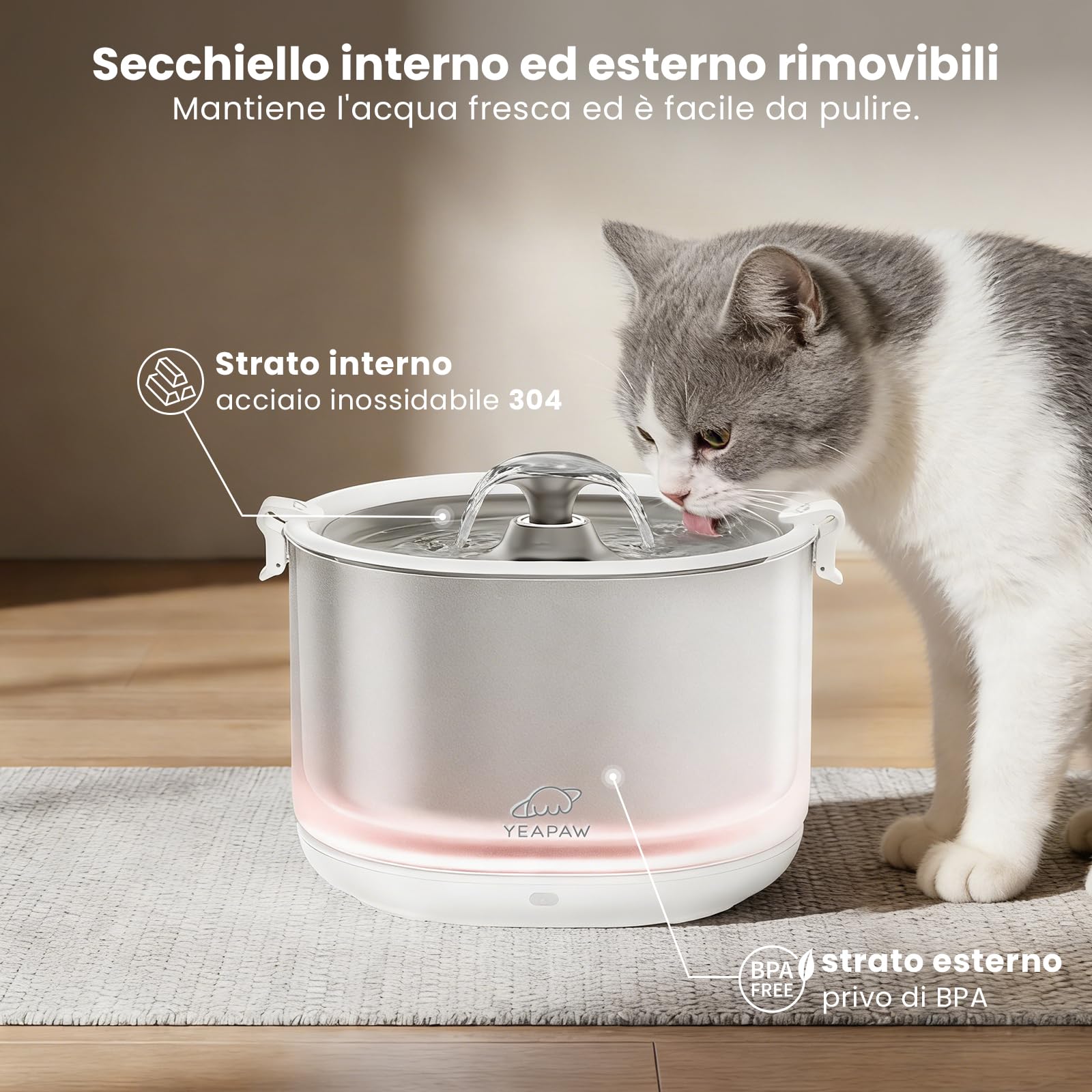 Fontaine à eau pour chat sans pompe Bac et bol en acier inoxydable Fontaine d'eau sans Fil pour animaux 2,5 L, Distributeur intérieur pour chats, Facile à nettoyer, Sans BPA, Bianc