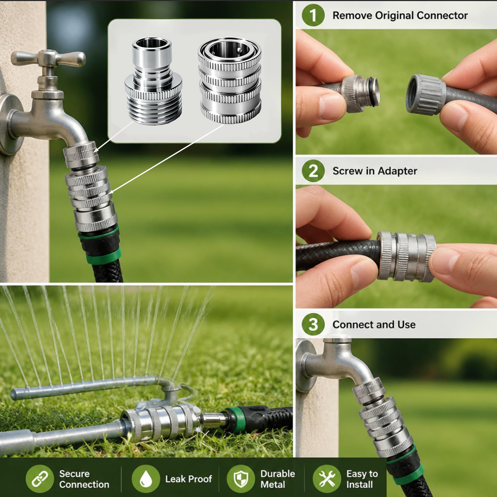 Set di 5 raccordi per tubo da giardino in acciaio inox, a connessione rapida, resistenti da 1,3 cm a 1,9 cm, kit di connettori a sgancio rapido per rubinetto, spruzzatore e tubo dell'acqua all'aperto