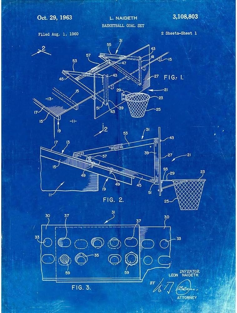 ArtDirect PP454-Faded Blueprint Basketball Adjustable Goal 1962 Patent Poster Unframed Art Print Giclee Poster by Borders, Cole - Customization Sizes 8x10, 11x14, 15x20, 24x32, 36x48, and 45x60 Inches