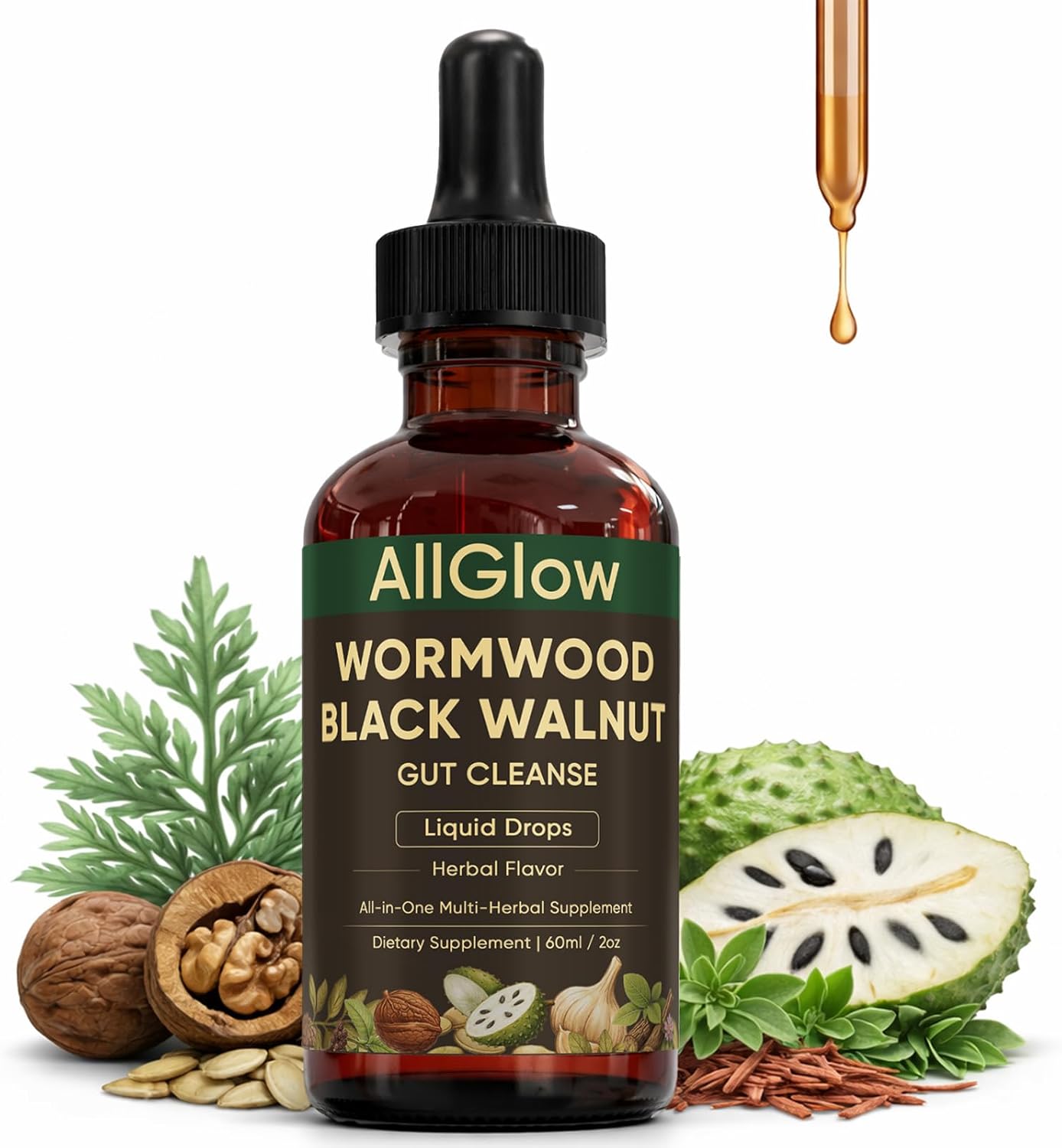 AllGlow Wormwood Black Walnut Gut Cleanse, Black Walnut Wormwood Gut Cleanse, with Soursop, Pumpkin Seed, PAU D'arco, Gut Health & Absorption, 60ml/2oz