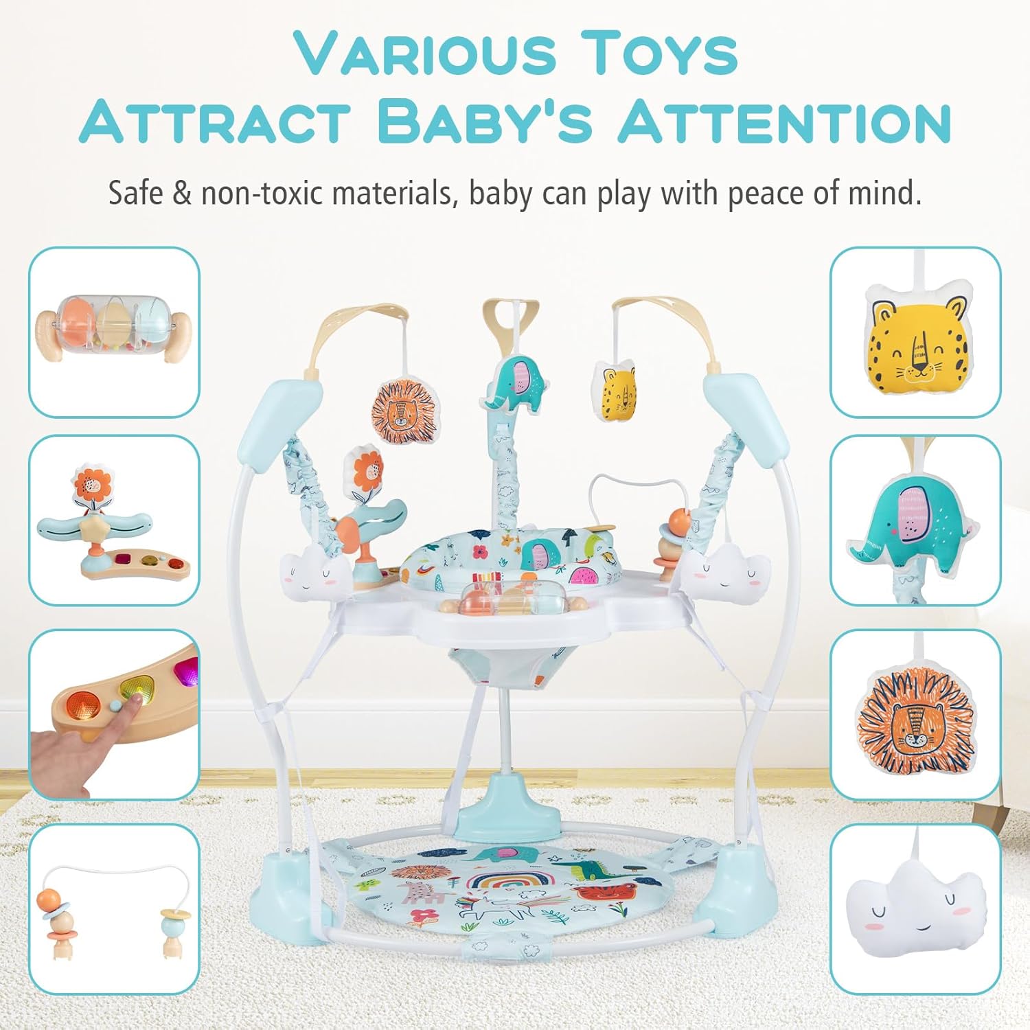 INFANS Baby Activity Center, 3 in 1 Play Center Jumpers and Bouncers with Music, Lights, Interactive Toys, 360°Rotating Seat, Adjustable Heights, Exersaucer Learning Toys for 6-12 Months (Light Blue)