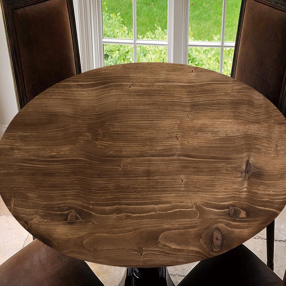 Round Fitted Tablecloth,Brown Wood, Elastic Edged Table Cover, Outdoor & Indoor, Picnic, Patio, Lodge Party Decor Present, Tablecloth Size 70"(Fit for 58.2"-62.1" Table)