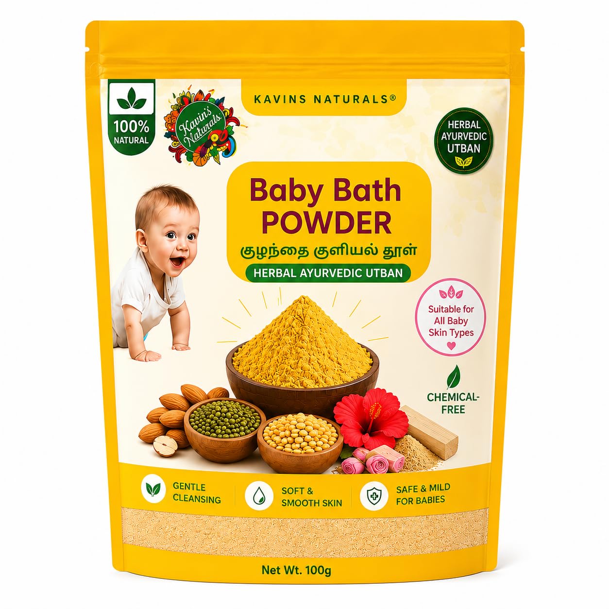 Kavins Naturals Baby Bath Powder 100g – 100% Ayurvedic Bath Powder for Babies, Kids & Women – With Green Gram, Sandalwood, Turmeric – Glowing, Soft Skin – Chemical Free – 100g-image-35