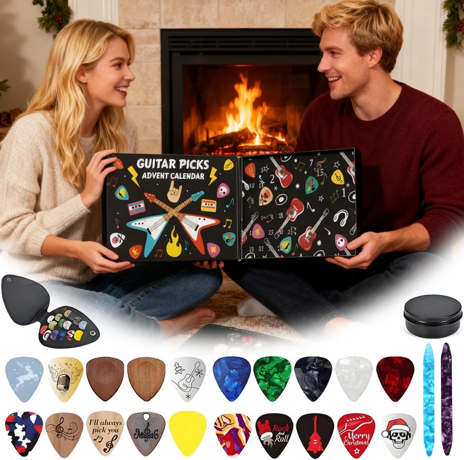 Calendario de Adviento 2025 con púas de madera y celuloide, juego de regalo de cuenta regresiva de Navidad para guitarristas, adultos y adolescentes, incluye estuche de almacenamiento para
