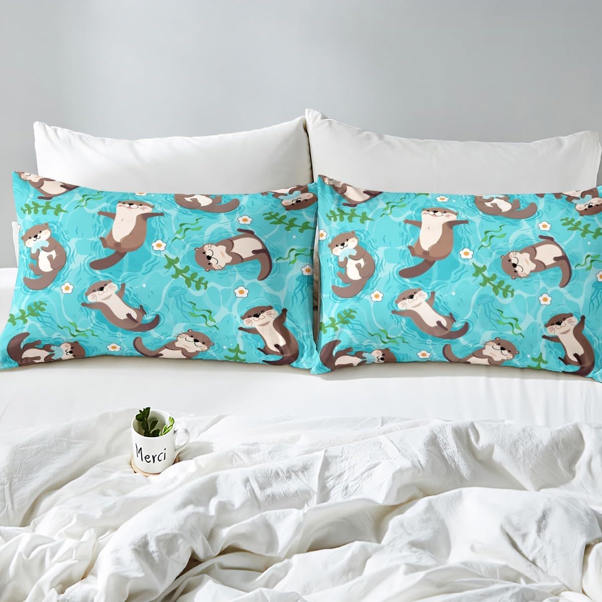 Cute Otter Bedding Set Full Size Sea Otters Bed Sheet Set for Boys Girls Children Kids Funny Animal Fitted Sheet Gifts for Otter Lovers Bedroom Decor Floral Leaf Bedding Sheets 3Pcs image 5
