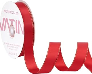 VATIN Double Faced Satin Ribbon 5/8 inch Red with Gold Edge Continuous 25 Yards for Decoration, Craft, Gift Wrappping Wedding Card Decoration