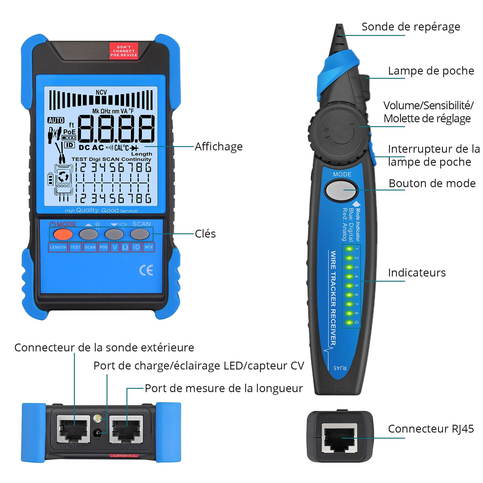 Testeur de Câble Réseau RJ45 RJ11 avec Écran LCD, Détecteur de Câble Fonction PoE & NCV Détecteur de Ligne Continuité Traqueur de Fil Multifonction pour CAT5 CAT6 CAT7 CAT8