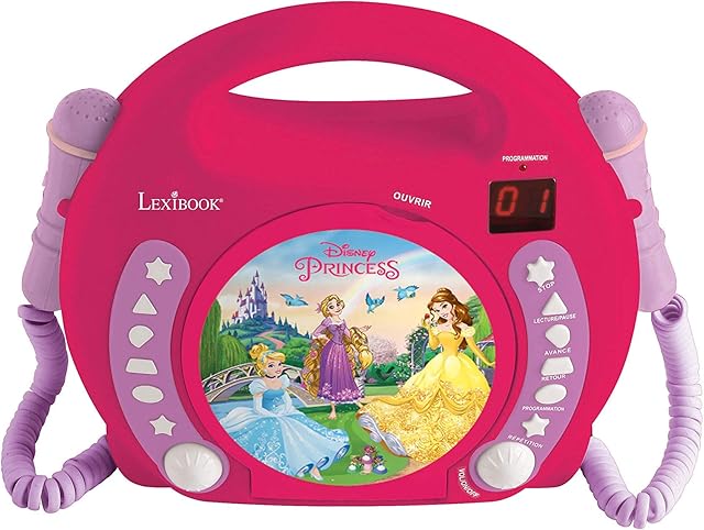 Lexibook Disney Princess Rapunzel CD player for kids with 2 toy microphones, headphones jack, with batteries, pink, RCDK100DP