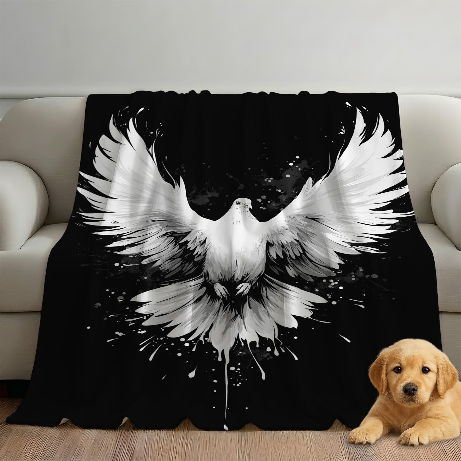 Przytulny koc 180 x 200 cm, flanelowy koc polarowy, fantazyjny, mistyczna plama atramentu, gołębi, ciepły, lekki, przytulny, na wiosnę, miękki, na sofę, czarno-biały