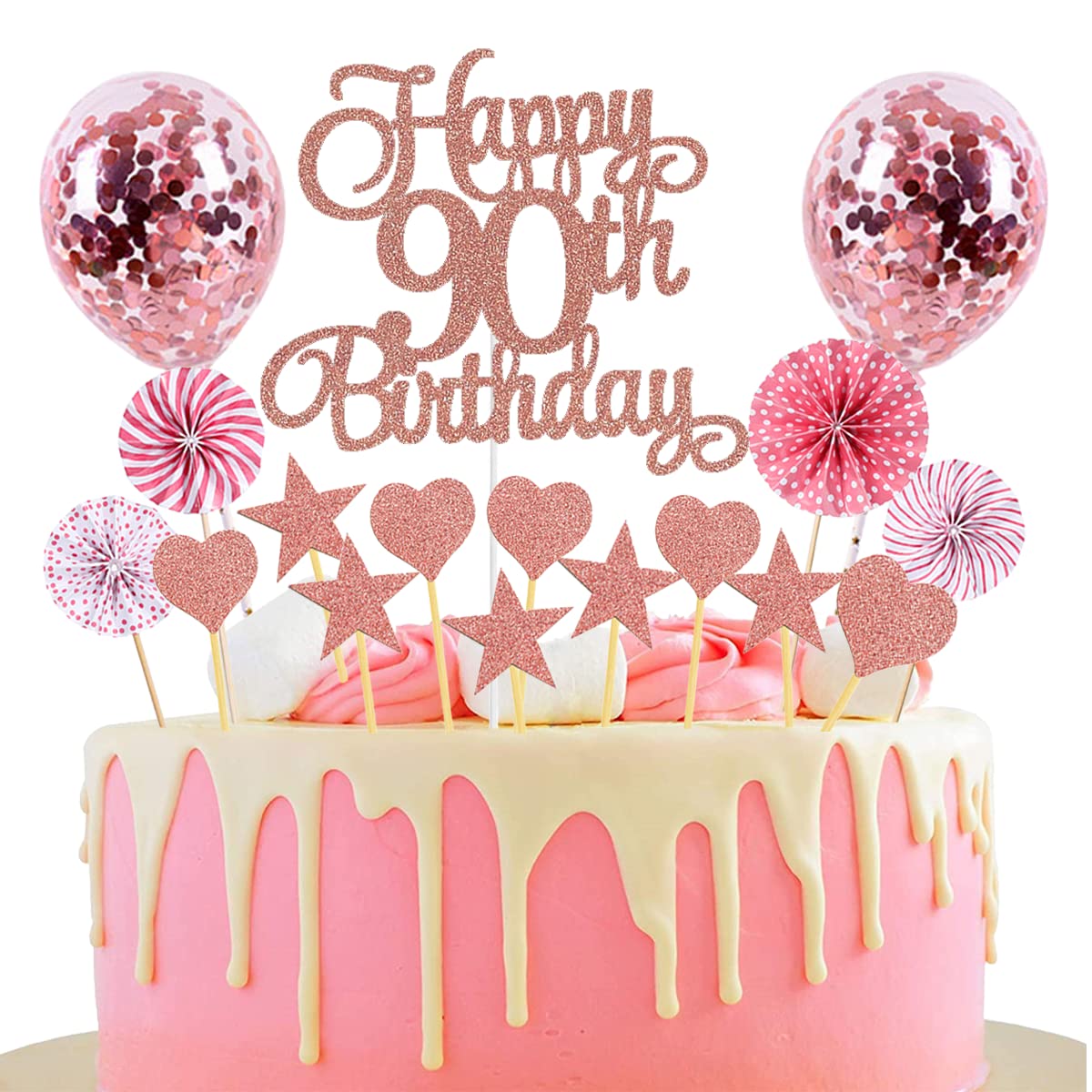 Cake Decoration 90th Birthday Rose Gold - Happy Birthday Glitter Cake Topper for Boys and Girls - Cake Decoration 90 Years