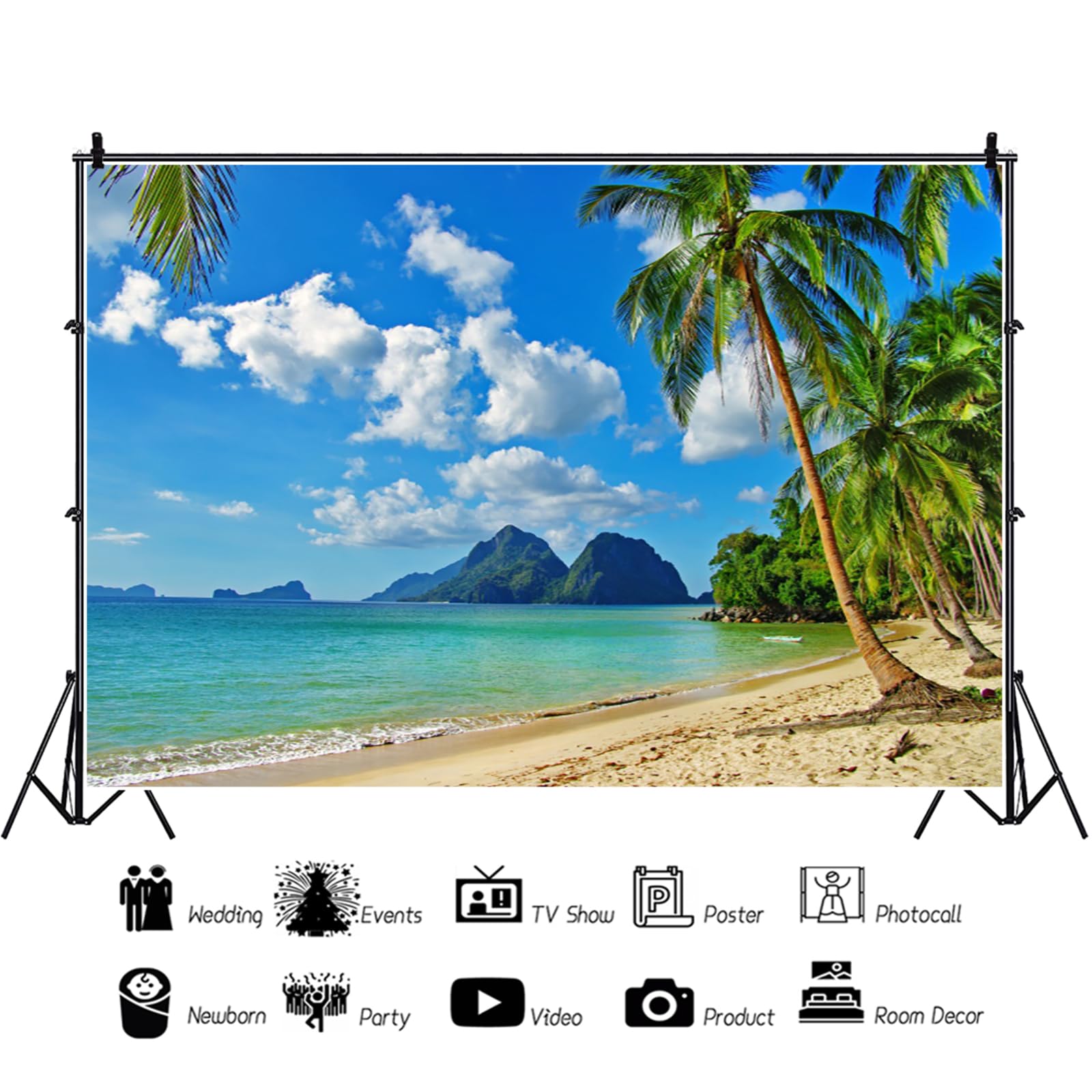 YongFoto 3x2,5m Vinilo Fondo Playa Fotografia Mar Paisaje Cielo Azul Nubes Blancas Palmera Montaña Telón de Fondo Infantil Fiesta Cabina de Fotos Bandera Niños Estudio Fotográfico Accesorios