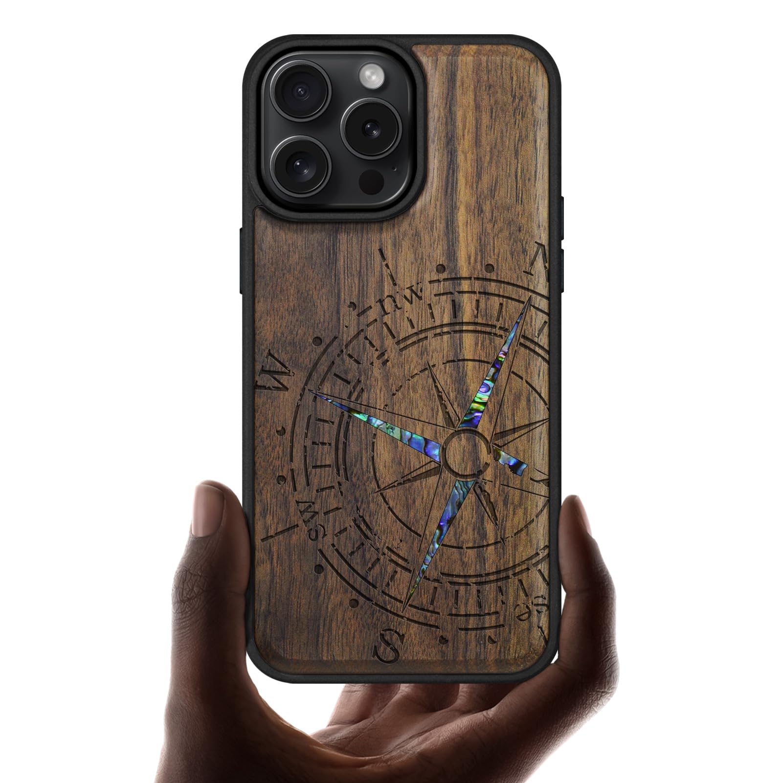 Carveit Handcrafted Case for iPhone 16 Pro Max, Compass, Walnut | iPhone 16 Pro Max Case Compatible with MagSafe Wireless Chargers, Wood Engraved & Shell Inlaid, TPU Shockproof Bumper