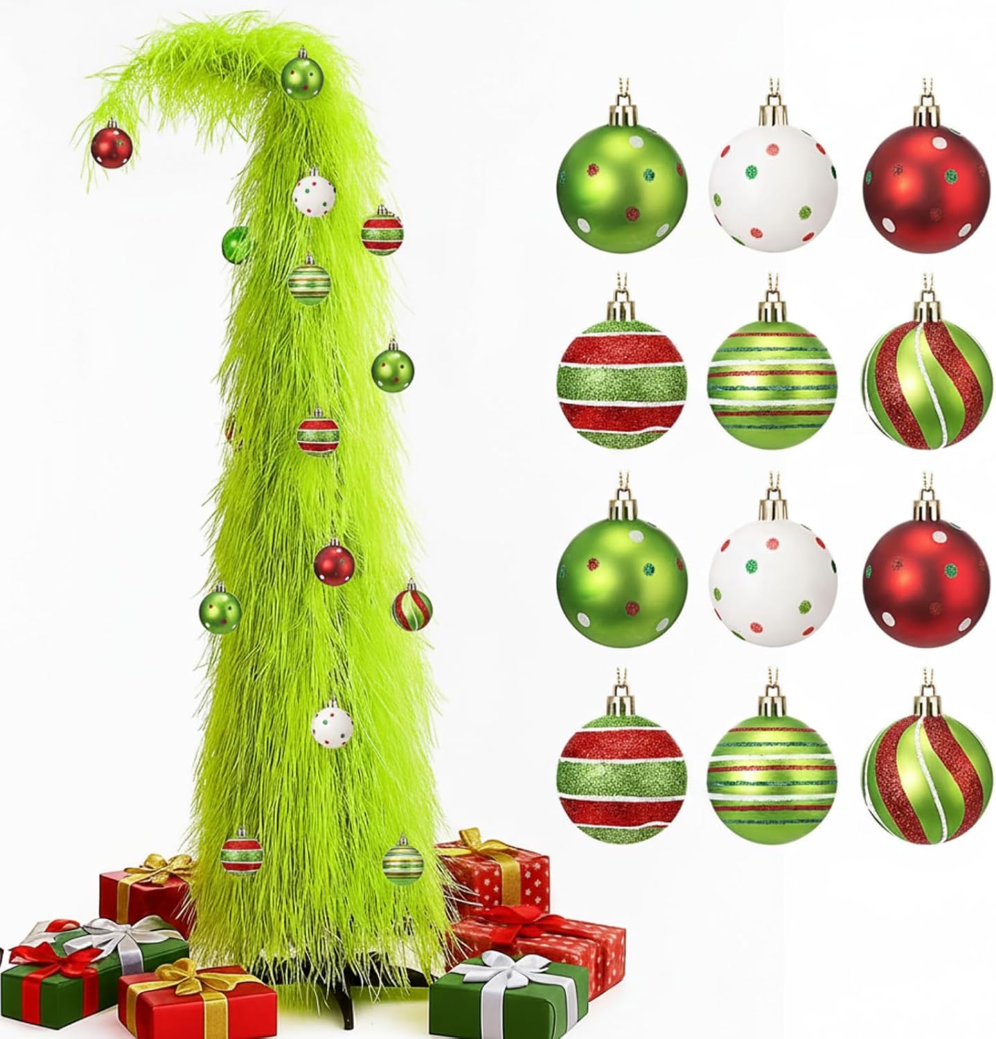 Leyndo 5 ft Whimsical Christmas Tree with 12 Pcs Ball Ornaments Pop up Lime Green Xmas Trees Curved Artificial Christmas Tree with Stand for Living Room Indoor Home Office Party Decor Supplies