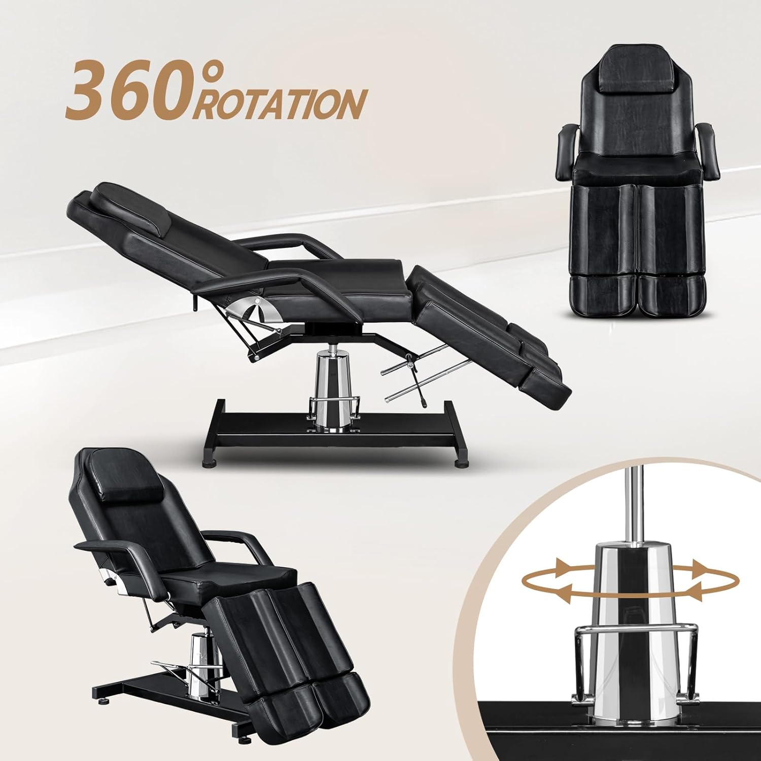 Diagram showing the 360-degree rotation capability and hydraulic height adjustment mechanism of the OmySalon treatment chair.