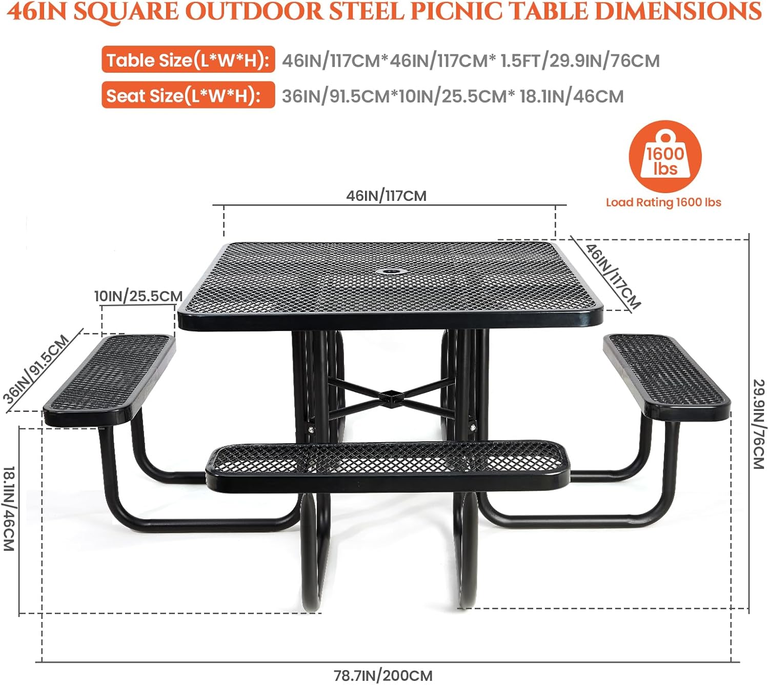 46" Square Top Outdoor Picnic Table Set for Up to 8 Persons, Outside Table Set with 4 Built-in Benches, Metal Commercial-Grade Dining Furniture with Umbrella Hole for Garden, Backyard, Porch, Patio
