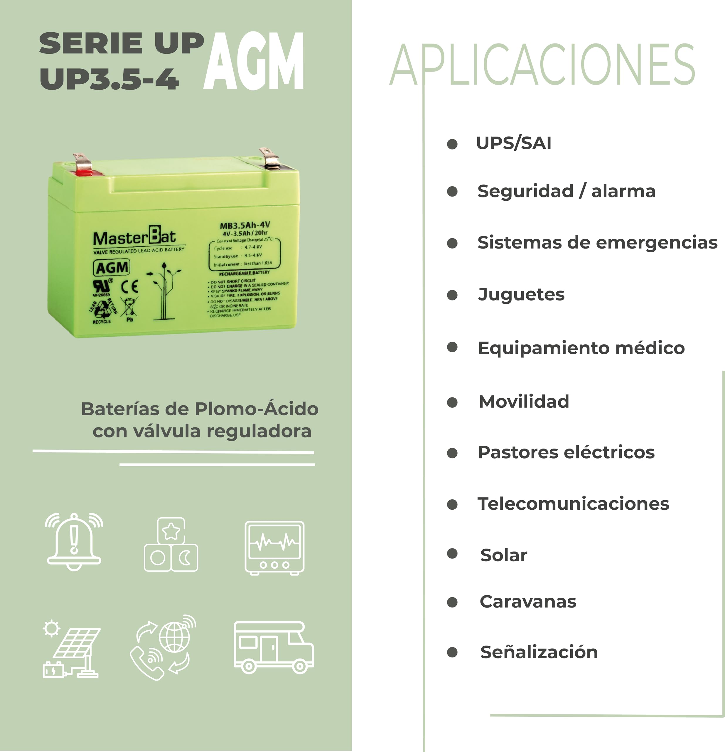 Master U-Power Batterie Plomo AGM 3,5 Ah 4 V