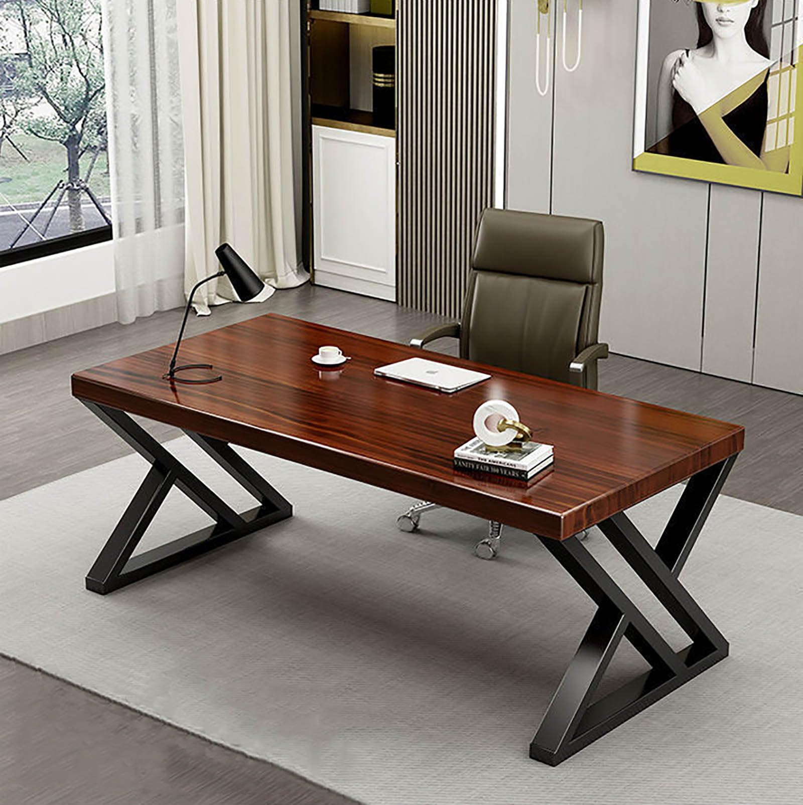 Wdsopk Braun Desk Gaming Desk Modern Simple Natural Solid Wood Thick Computer Desk Study Writing Table Metal Frame Space Saving Executive Desk Workstation For Home Office（-120X60x75cm）