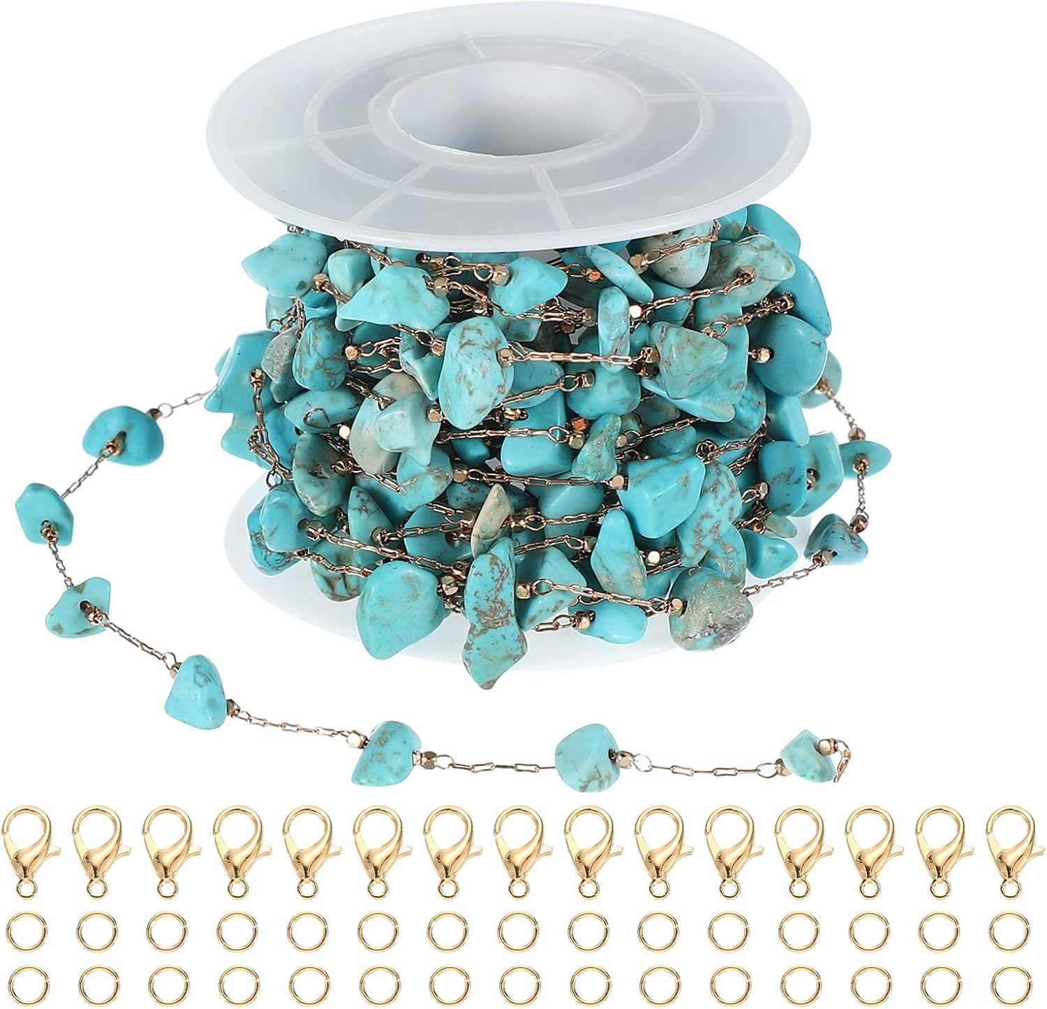 PATIKIL Copper Jewelry Chain, 16Ft Turquoise Blue Natural Stone Link Cable Chains for Necklace Earring Bracelet Findings Jewelry Making Trucker Hat Chains, Gold/Turquoise Blue