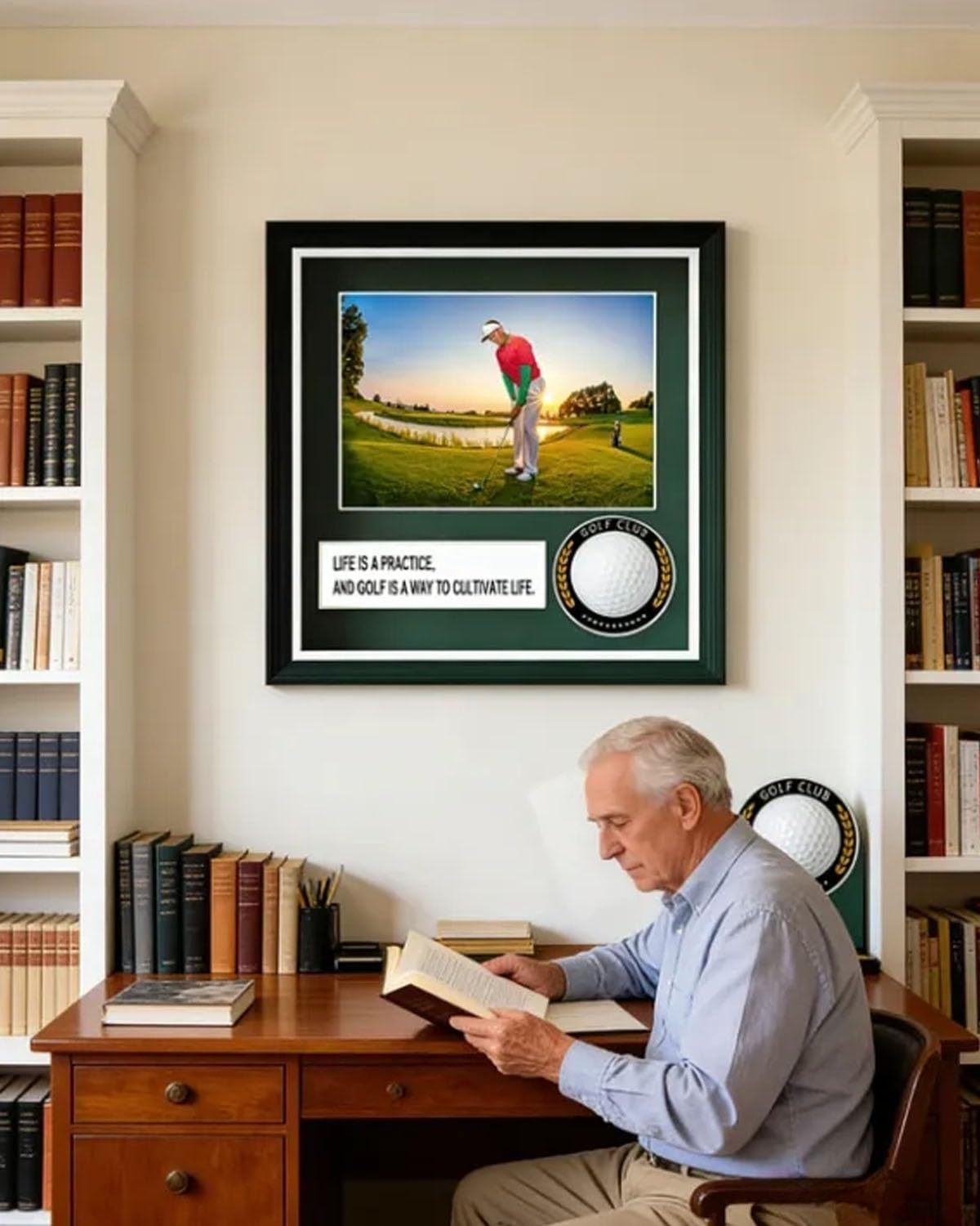 Golf Ball Case Display,9.8"x8.6"Golf Ball Holder Display,Hole in One Display Case,with 4x6 Photo Frame,Solid Wood HD Glass Golf Display (Black)