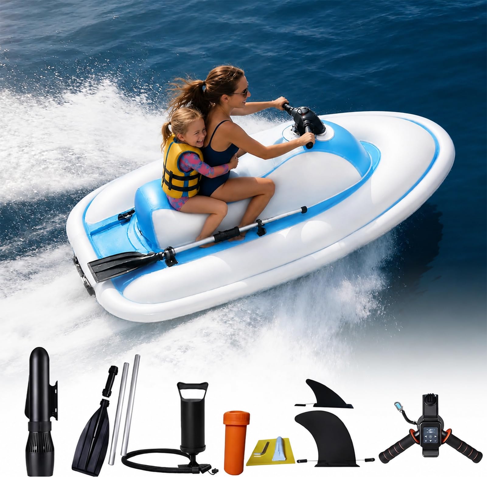 JIMINHUIXIN Foldable Portable Electric Inflatable Jet Ski with Motor, Underwater Scooter & Jet Boat, Dual Safety Fins, 500W/700W Propulsion for Kayak SUP, 10/16Ah Battery, for Beach Snorkeling Diving