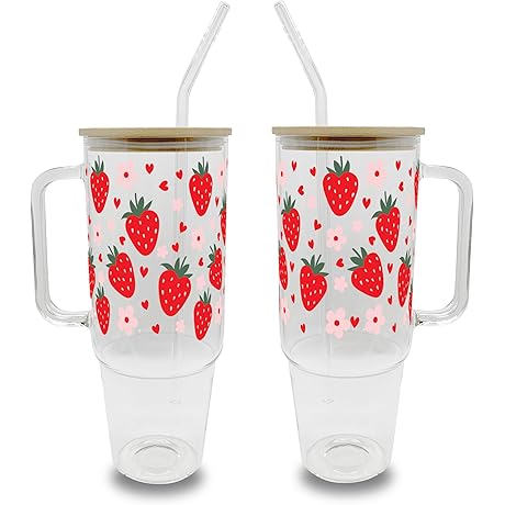 Sip Sip Hooray Strawberries and Flowers 40oz Glass Tumbler-Perfect Summer Glass Can