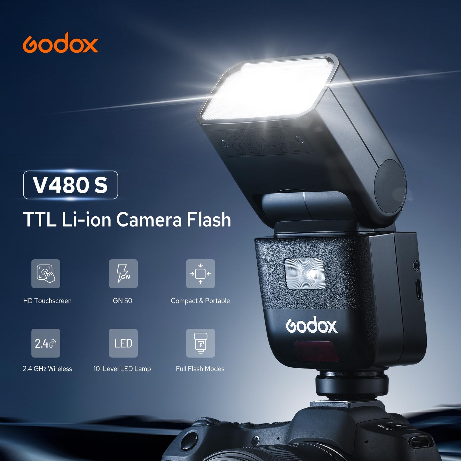 Godox V480S Flash pour Appareils Photo Sony, 2.4G TTL Speedlite for Sony HSS 1/8000s, 650 Eclairs à Pleine Puissance, Temps de Recharge de 1.7s, Lampe Pilote à 10 Niveaux, Ecran Tactile Couleur | Compatible avec Sony Adi et P-Ttl, Manuel, Multi, Hss, batt