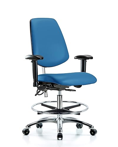 LabTech Seating LT43603 Class 100 - Silla de banco mediana de vinilo con respaldo medio, base cromada, brazos, anillo cromado, ruedas ESD, color azul