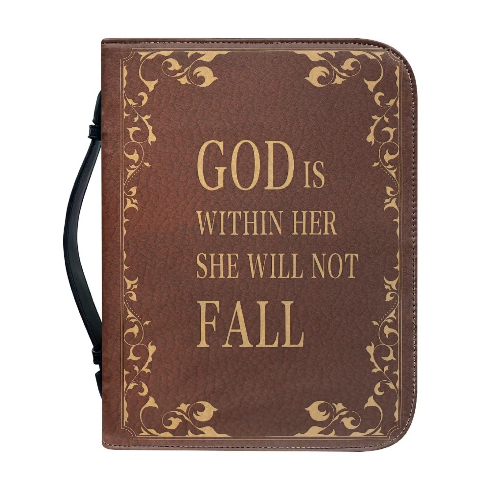 Talayituse Brown Flower Print Faux Leather Bible Cover for Men Women God is Within Her Bible Case with Handle Carrying Book Case Protector Bible Tote Handbag Gifts, L, Brown Flower - God is Within — image 1