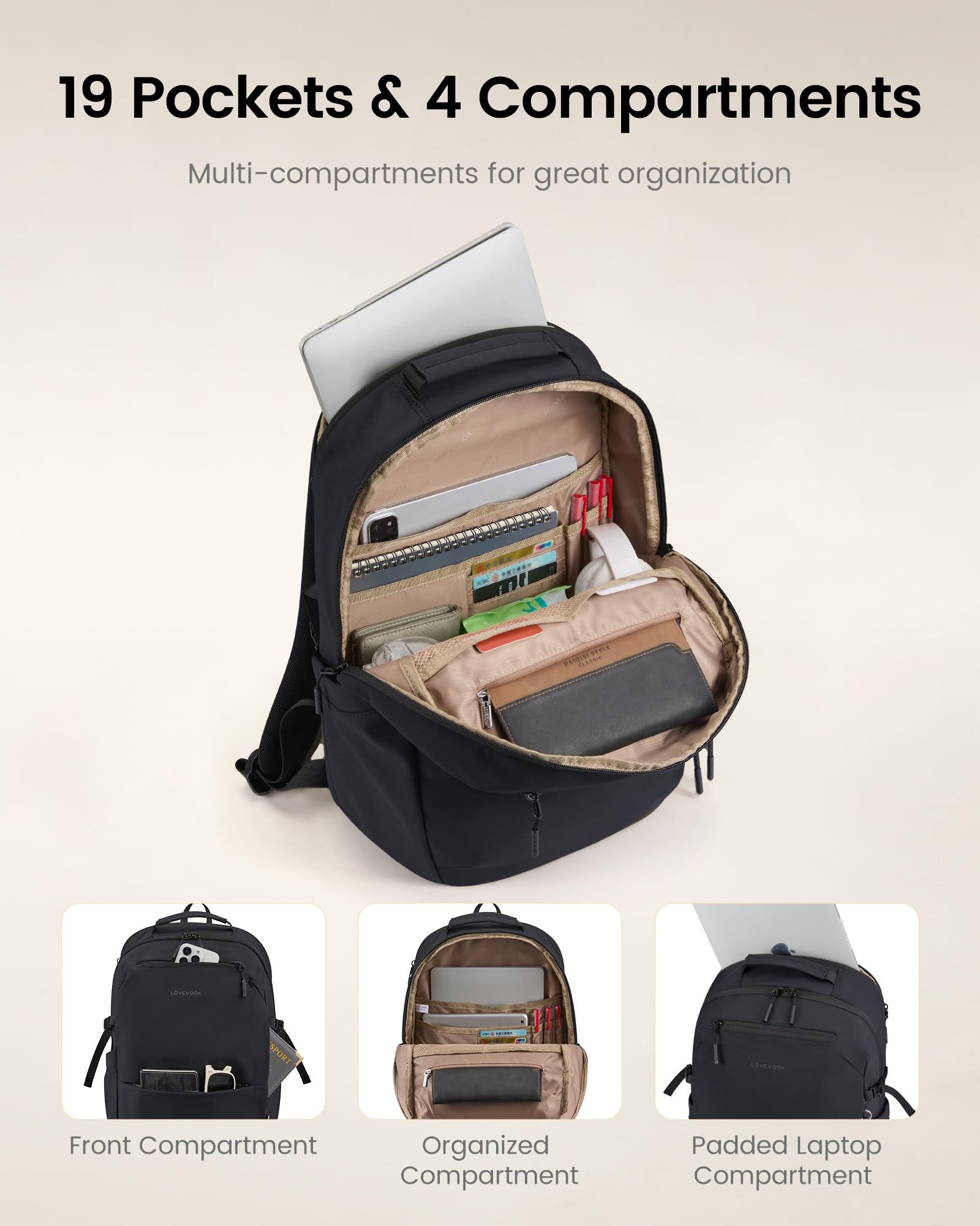 LOVEVOOK Laptop Backpack for Women Men with Giant Tumbler Holder - 15.6Inch Work Computer Travel Backpack with Laptop Compartment, Water Resistant, Cute Commuter College Teacher Nurse Purse Bag,Black - 5