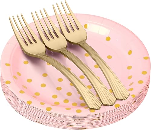 Miniatura 1 de Platos y tenedores de papel de oro rosa, suministros de fiesta, 25 platos de postre de 7 pulgadas y 25 tenedores de plástico de 7.3 pulgadas, juego