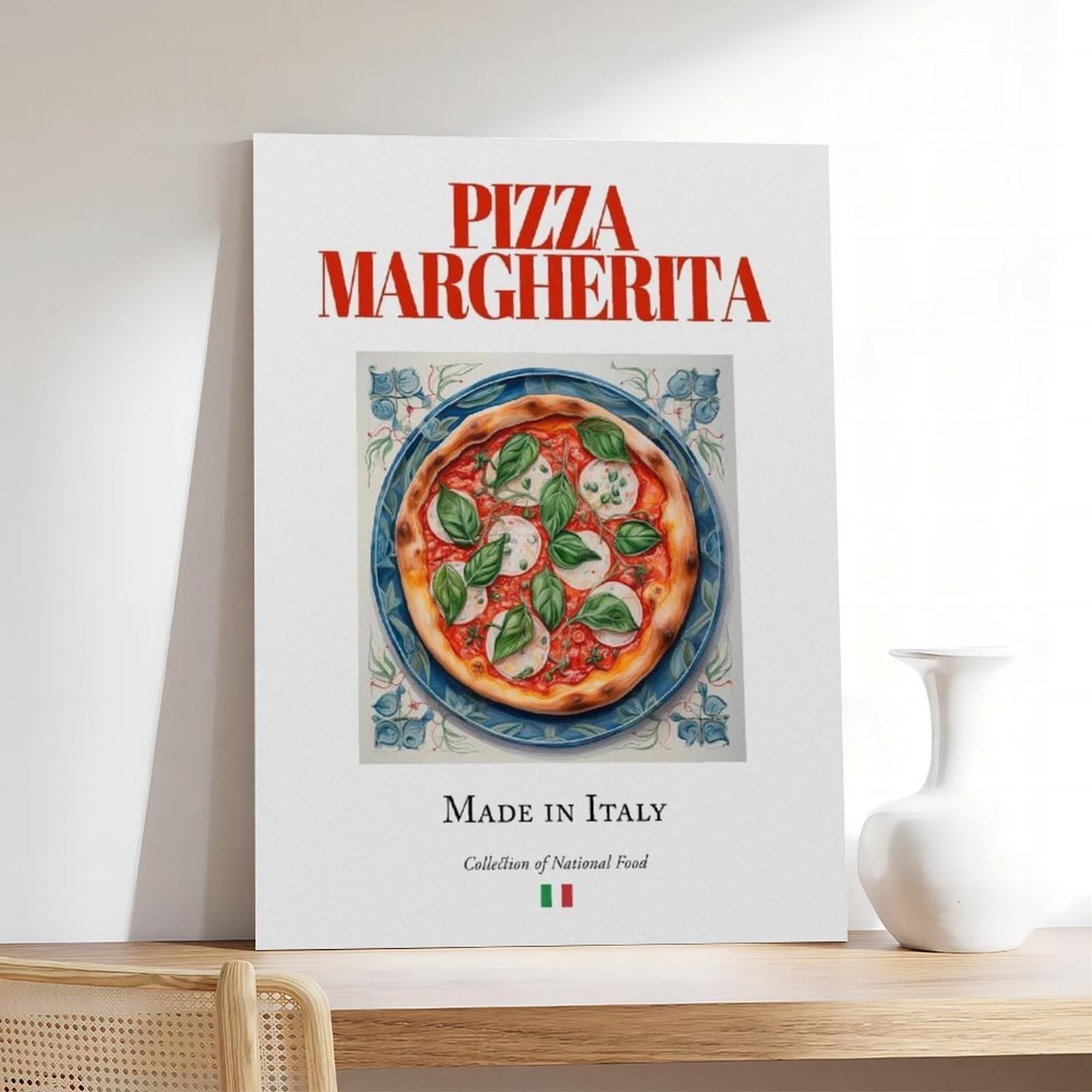 Pizza Margherita auf Maiolica Fliesenteller, Leinwand, Poster, Schlafzimmer, Dekoration, Landschaft, Büro, Raumdekoration, Geschenk, 61 x 91,4 cm (L x B)