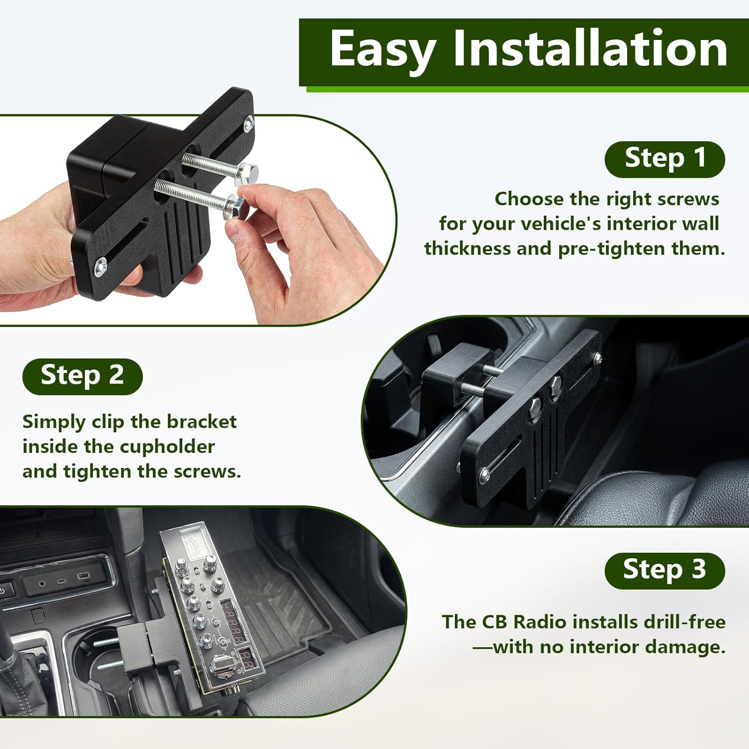Upgraded Universal CB Radio Mount - Clamp-On with Anti-Slip Pads, Fits Trucks, RVs & Off-Road Vehicles, Sturdy PETG for Quick Secure Hold