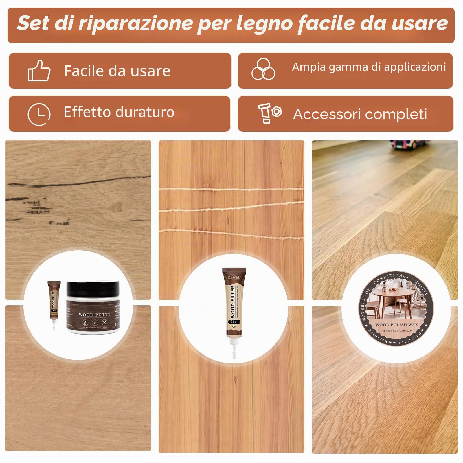 DEWEL Kit Riparazione Parquet, 6 Colori di Stucco Per Parquet, 100g di Stucco per Legno Bianco, Set di Riparazione in Laminato per Riparare Graffi e Fori nei Mobili in Legno (16 Pezzi)