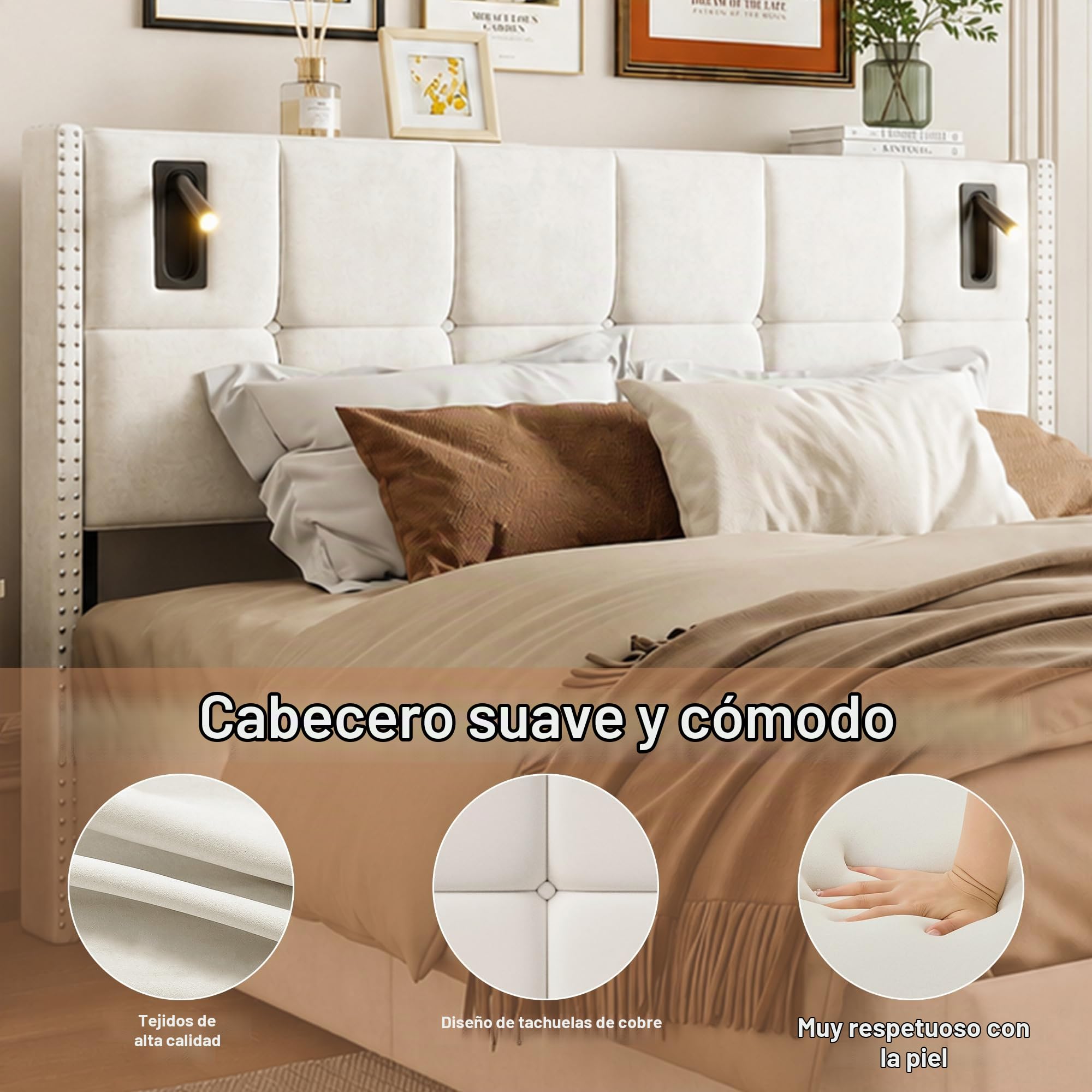 BRILVERDE Cama Tapizada 160x200 con Almacenamiento hidráulico, Cama matrimonial con lámpara de mesita, Cabecero Acolchado y Base de Láminas, Terciopelo (Beige, 160 x 200 cm)