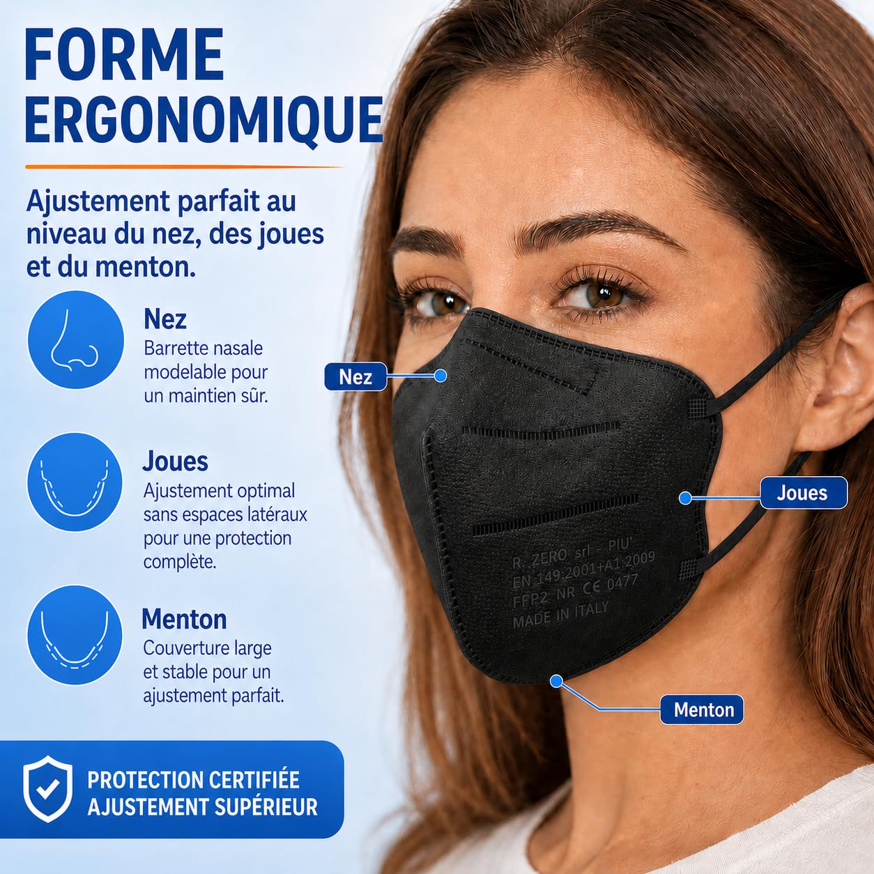 50 Masque FFP2 Made in Italy noires Certifiés CE, Masque Jetable 4 Couches sans Valve, Masques Respiratoire de Protection contre la Poussière et Pollen, Masque a Forte Filtration BFE≥95, 50 Piéces