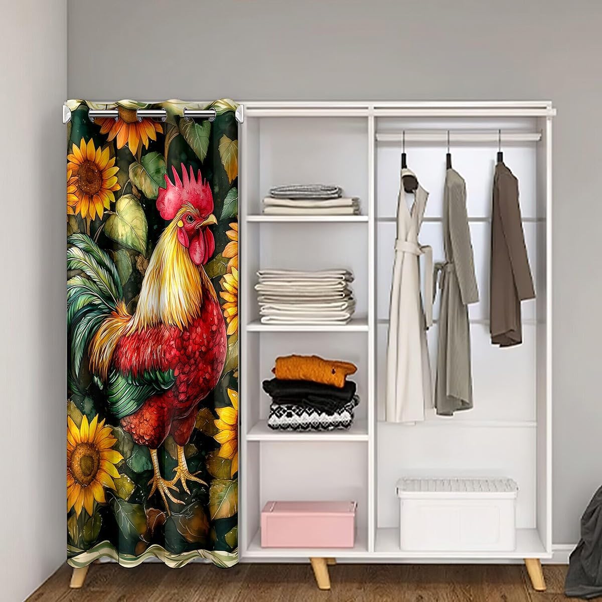 Manfei Rooster Door Curtain Yellow Sunflower Doorway Curtain for Closet Door, Farm Animal Theme Door Drapes Blackout Curtain for Bedroom Privacy, Kids Boys Girls Room Decor, 34"x80" 1 Panel