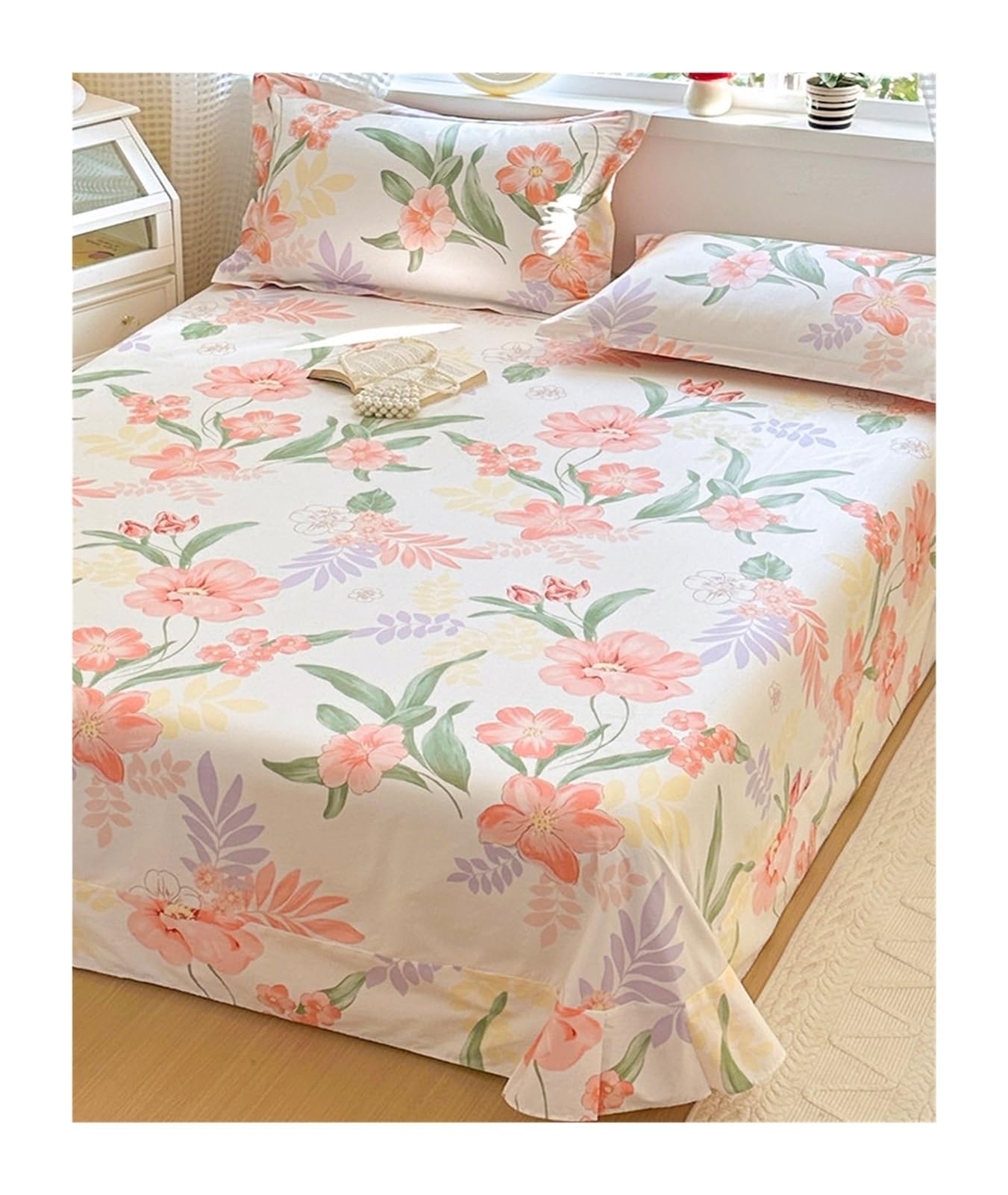 Bettlaken Ohne Gummizug Betttuch Laken 100% langstapeliger Baumwolle 160/210x230cm 245/265x245cm weiches atmungsaktives Flaches Laken(Flower N,265x245cm)